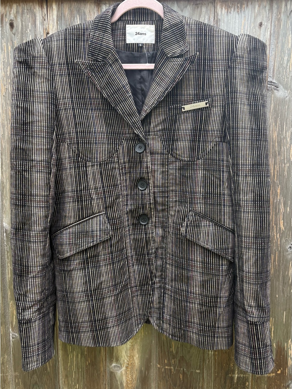 24ans Blazer Plaid W/Stripes Shoulder Pads Size S Black & Cream Avant Guarde Y2K